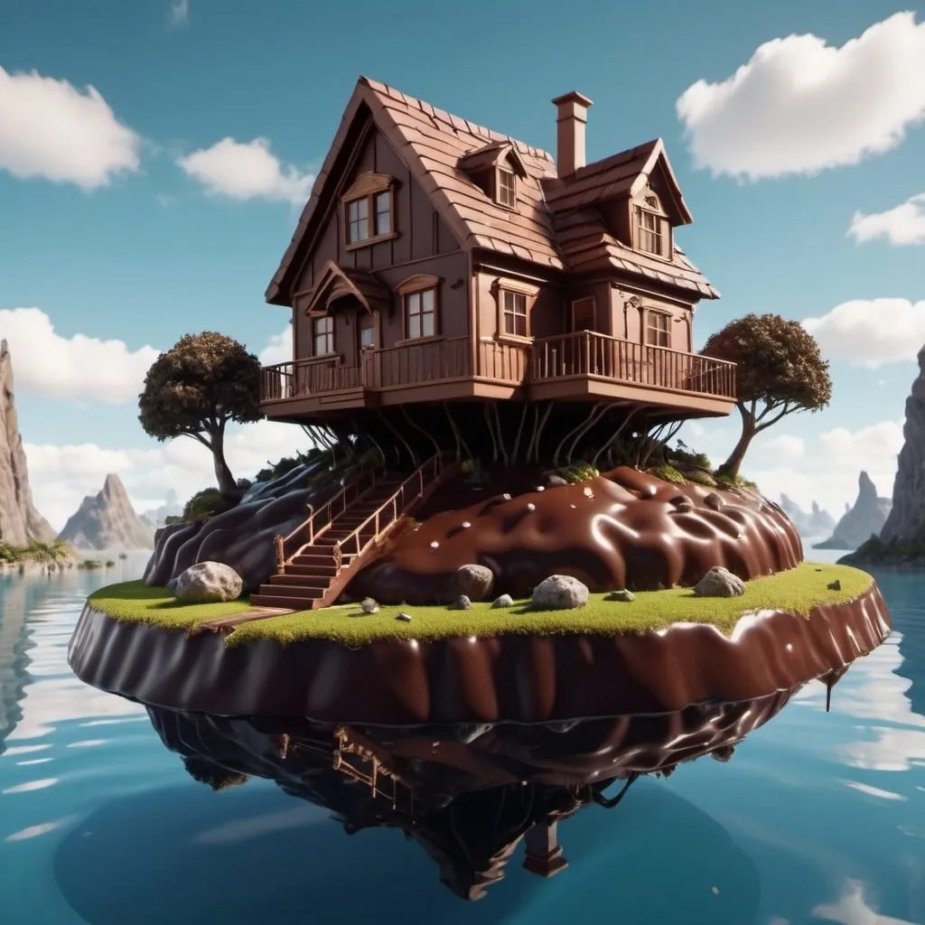 Prompt: 8K, UHD, Super detailed, chocolate house on floating island. Surreal