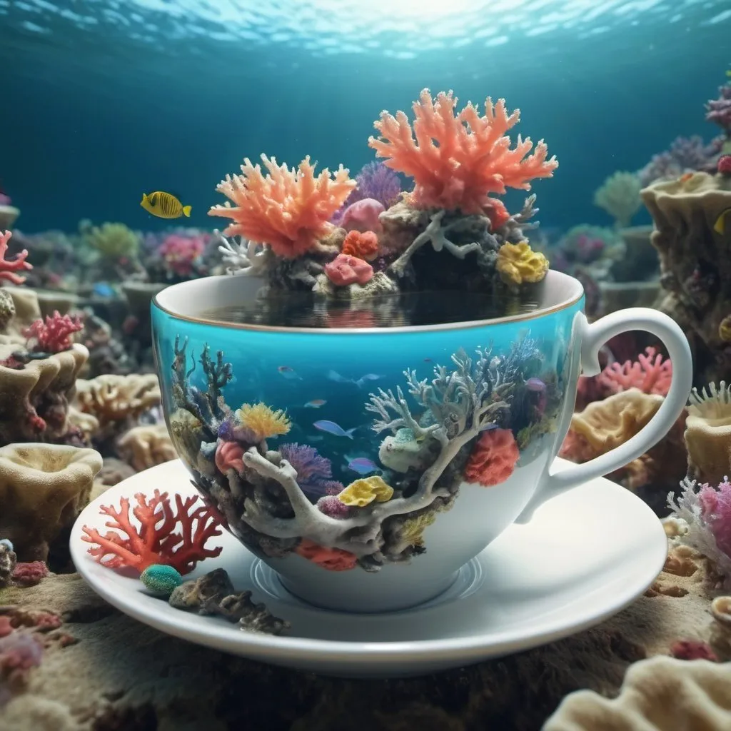 Prompt: Surreal fantasy coral reef in tea cup. Surrealism. 8K. UHD. Photo realistic. Hyper detailed.