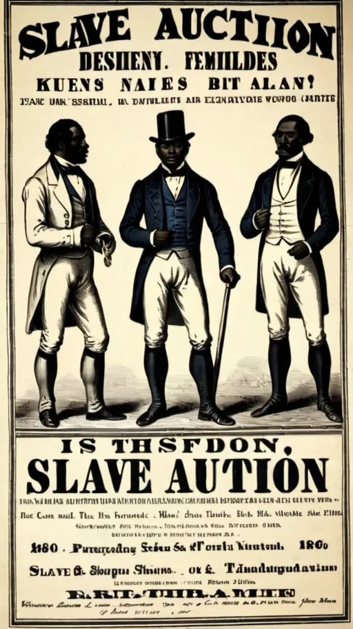 Prompt: Poster for slave auction. 1860s style 