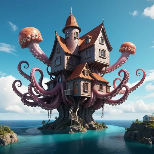 Prompt: 8K, UHD, Super detailed. Octopus house on flying sky island. Surreal.