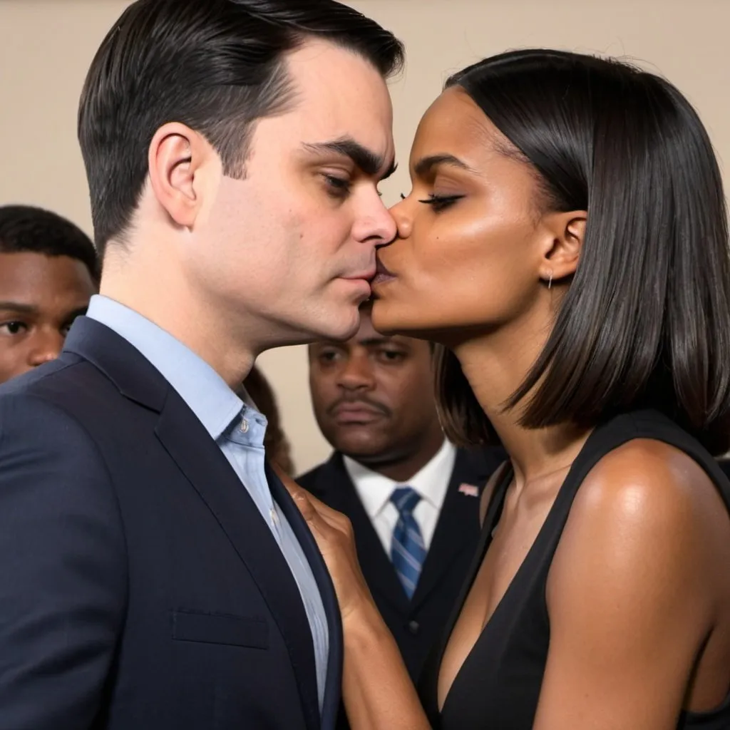 Prompt: 8K, UHD, ultra realistic. Ben Shapiro and Candace Owens kissing. 