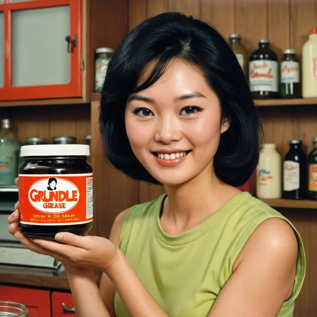 Prompt: Advert for "Grundle Grease". Pretty Asian woman holding jar. 1970s style.