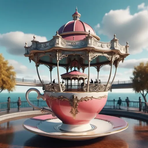 Prompt: Surreal fantasy bandstand in tea cup. Surrealism. 8K. UHD. Photo realistic. Hyper detailed.