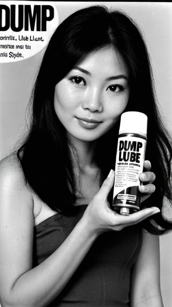 Prompt: Advert for "Dump Lube". Pretty Asian woman holding aerosol. 1970s style.