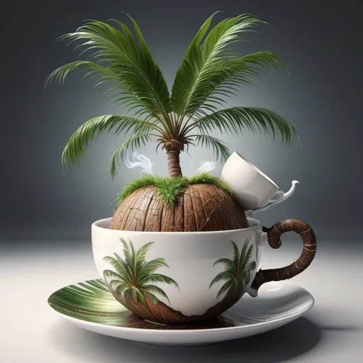 Prompt: Surreal fantasy coconut palm in tea cup. Surrealism. 8K. UHD. Photo realistic. Hyper detailed.