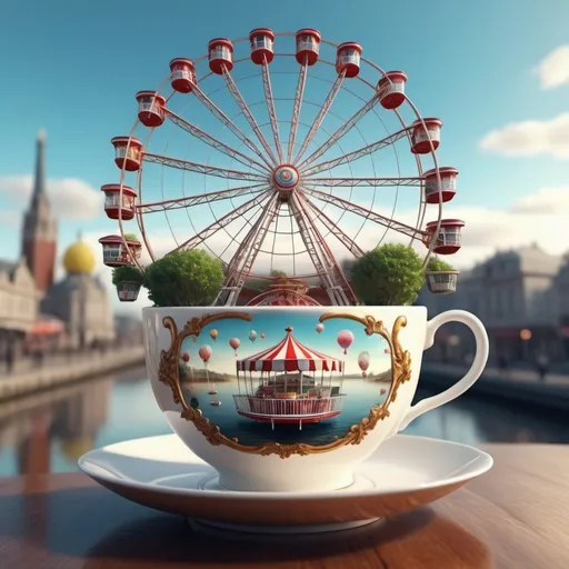 Prompt: Surreal fantasy ferris wheel in tea cup. Surrealism. 8K. UHD. Photo realistic. Hyper detailed.