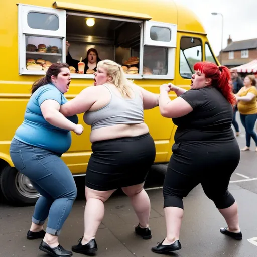 Prompt: Fat women fighting outside burger van