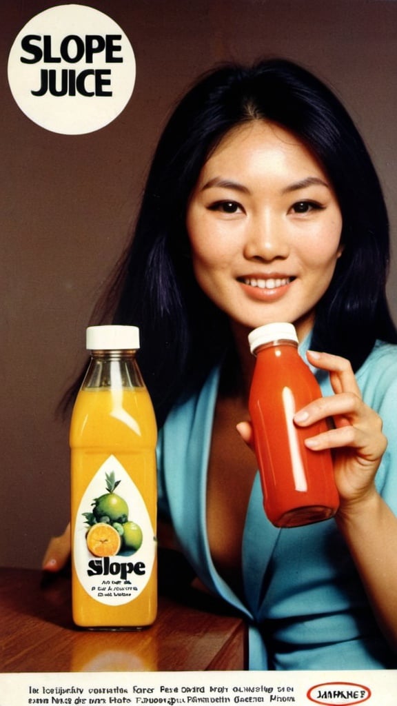 Prompt: Advert for "Slope Juice". Pretty Asian woman holding bottle. 1970s style.