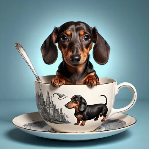 Prompt: Surreal  Dachshund in tea cup. Surrealism. 8K. UHD. Photo realistic. Hyper detailed.