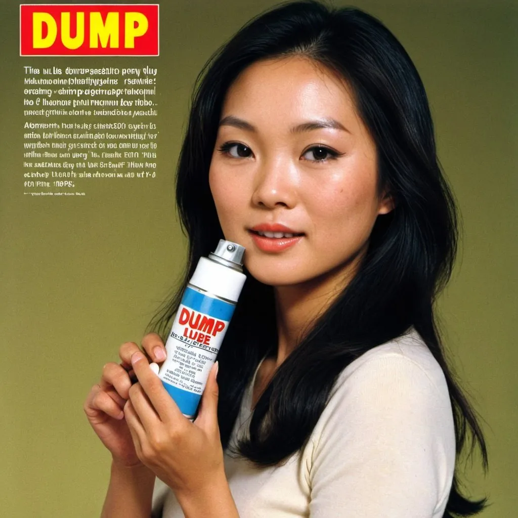 Prompt: Advert for "Dump Lube". Pretty Asian woman holding aerosol. 1970s style.