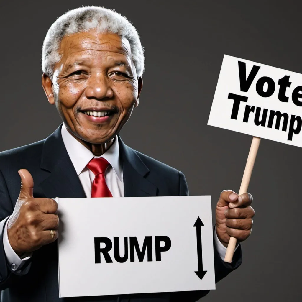 Prompt: Nelson Mandela holding sign that says "Vote Trump". 8K. UHD. Photorealistic. Super detailed.