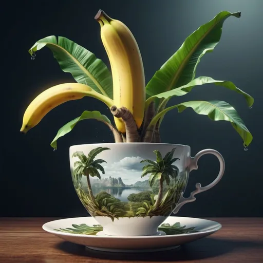 Prompt: Surreal fantasy banana tree in tea cup. Surrealism. 8K. UHD. Photo realistic. Hyper detailed.