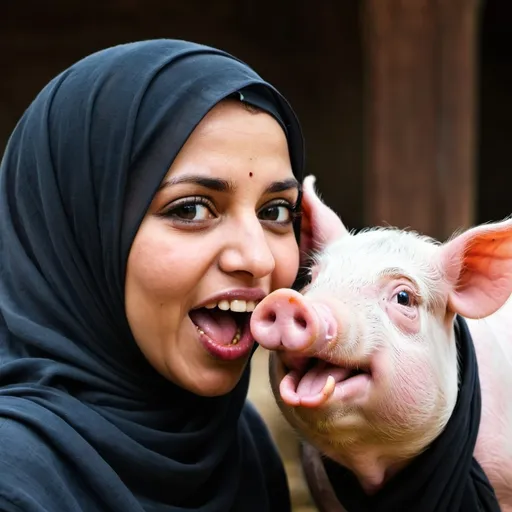 Prompt: Muslim woman with pig coming out of mouth