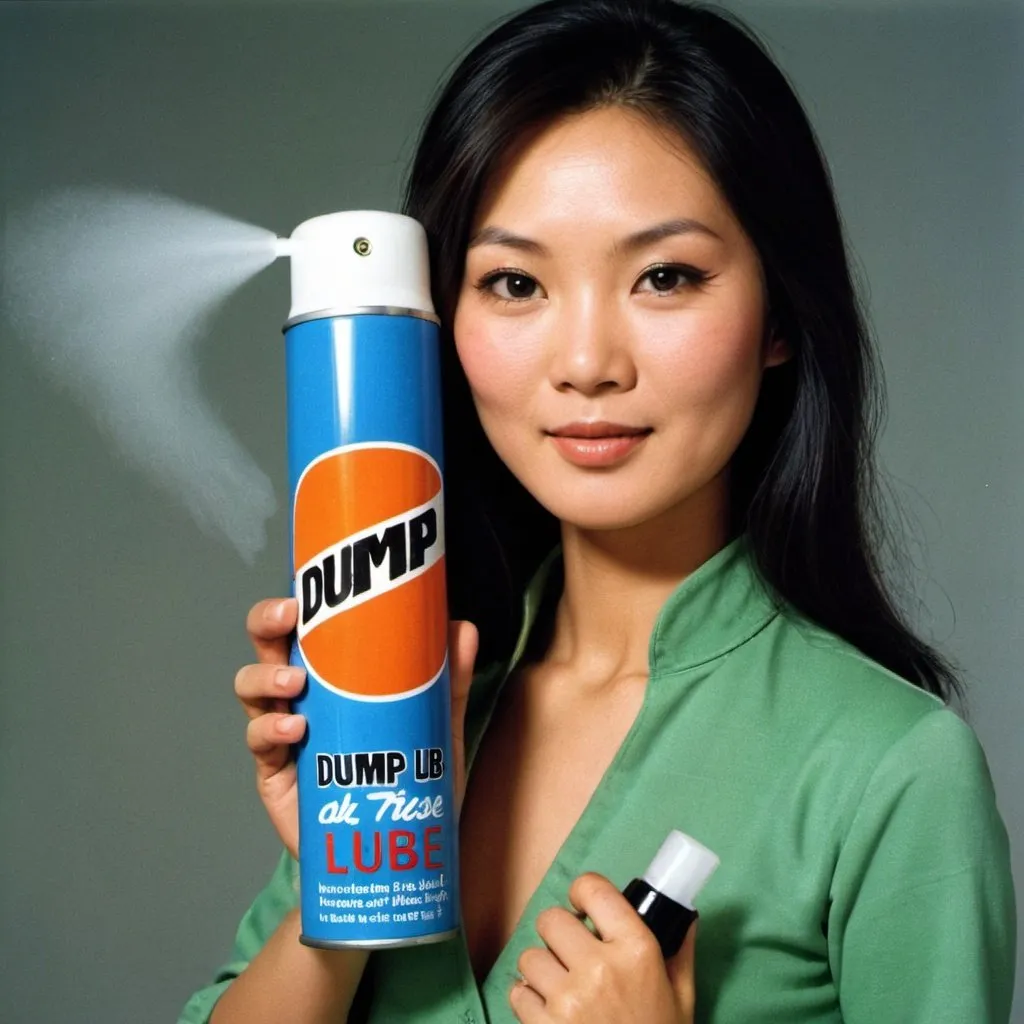 Prompt: Advert for "Dump Lube". Pretty Asian woman holding aerosol. 1970s style.