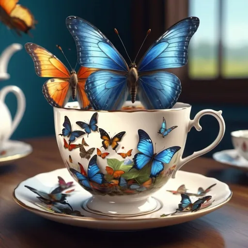Prompt: Surreal fantasy butterflies in tea cup. Surrealism. 8K. UHD. Photo realistic. Hyper detailed.