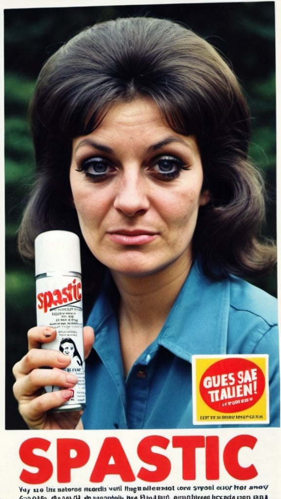 Prompt: Advert for "Spastic Spray". Ugly woman holding aerosol. 1970s style