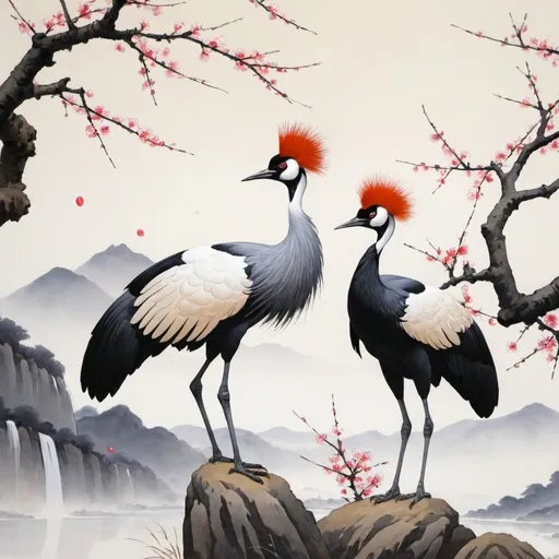 Prompt: Plum blossom and black crowned cranes