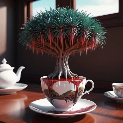 Prompt: Surreal fantasy dragon blood tree in tea cup. Surrealism. 8K. UHD. Photo realistic. Hyper detailed.