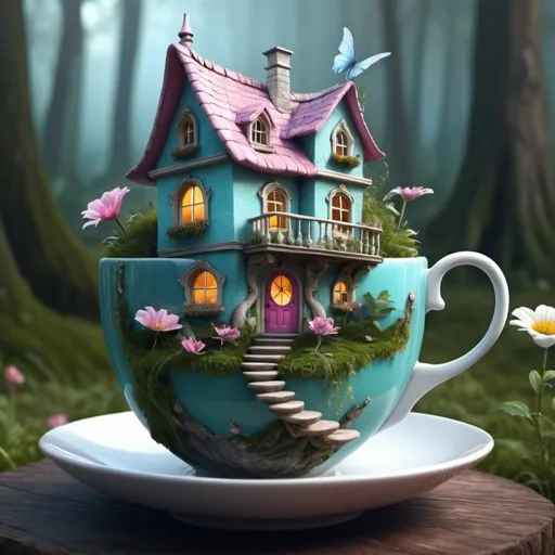 Prompt: Surreal fantasy fairy house in tea cup. Surrealism. 8K. UHD. Photo realistic. Hyper detailed.