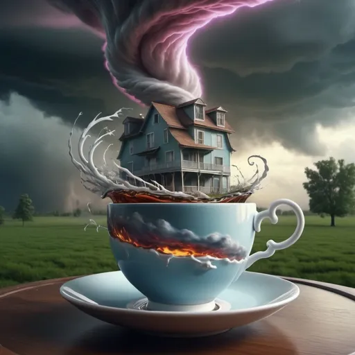 Prompt: Surreal fantasy tornado in tea cup. Surrealism. 8K. UHD. HDR. Photo realistic. Hyper detailed.