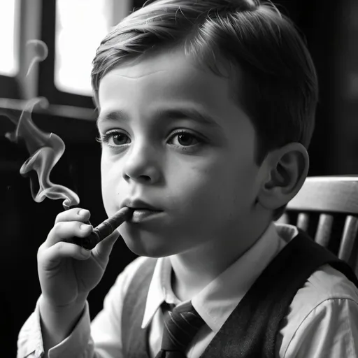 Prompt: Child smoking a pipe. UHD. 8K. Ultra realistic. Hyper detailed. Professional photography. Black and white