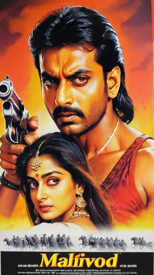 Prompt: 1990s Bollywood action movie poster