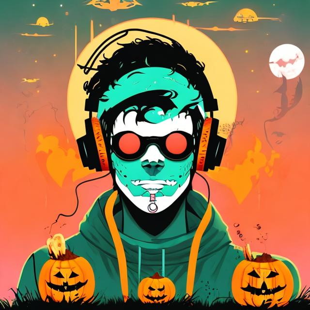 Prompt: Jack o lantern wearing headphones listening to dubstep pink and blue Halloween, crescent moon haunted, astronaut, bats and witches in the distance, miami vice theme backround