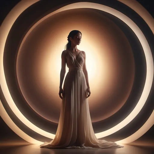 Prompt: Female figure standing inside a glowing lighted circle, warm white illumination enveloping the scene, soft shadows cast around, ethereal ambiance, serene and contemplative mood, background in subtle gradient of dark hues to enhance light's warmth, emphasizing divine presence, high quality, ultra-detailed, cinematic style. her eyes are open. inside the circle is a swirling color of white and off white