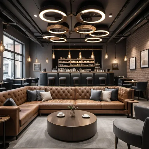 Prompt: Sophisticated coffee shop for forex traders, luxury sofa seating, industrial-style ceiling with visible ducting and modern lights, relaxing atmosphere, high-end interior design, ambient lighting, professional-grade image, industrial chic, modern luxury, forex trading atmosphere, cozy ambiance, detailed modern decor, spacious and inviting, highres, professional lighting