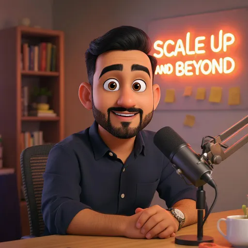 Prompt: Generate a 3D pixar cartoon-style image in 16:9 aspect ratio (1920 X 1080) of a South Asia female business coach in his early 25s, with medium brown skin tone, short neatly styled black hair, and light stubble. He is seated at a desk, framed in a talking head video style (chest-up), making direct eye contact with a confident and approachable expression. He wears a dark button-up shirt with rolled sleeves and a minimal wristwatch. A professional podcast microphone is mounted on a boom arm, slightly to the side.

The background: a modern home studio with warm lighting, neat bookshelves, a glowing neon sign that says “Scale Up and Beyond” in futuristic lettering, and a whiteboard with blurred strategy notes and sticky notes.