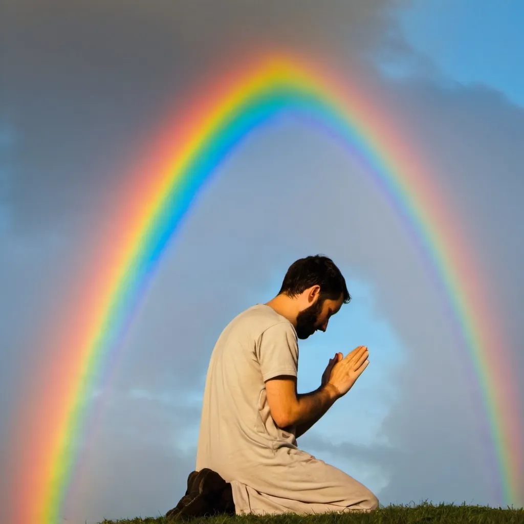 Prompt: God is love. Rainbow. Person praying.