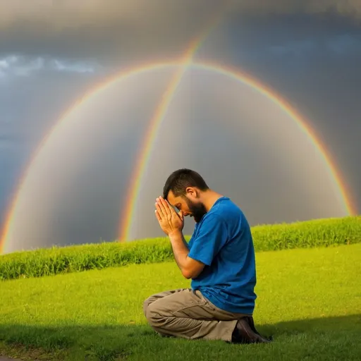 Prompt: God is love. Rainbow. Person praying.