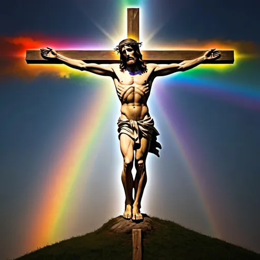 Prompt: God is love. Jesus standing with his body on the cross. Rainbow. Darkness, but with light.
