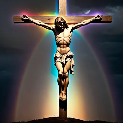 Prompt: God is love. Jesus standing with his body on the cross. Rainbow. Darkness, but with light.
