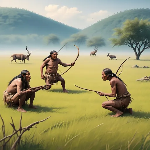 Prompt: Three primitive people are hunting on the grassland.