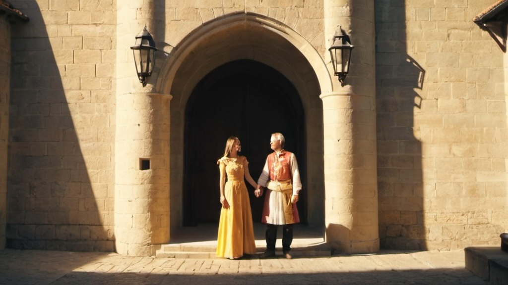 Prompt: two people welcoming, warm in castle, sun light, architectural, traditional