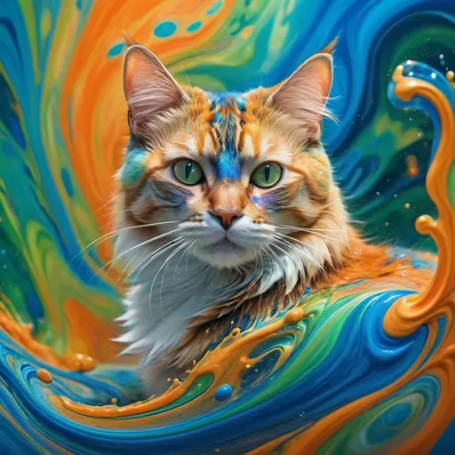 Prompt: (cat in a thoughtful pose), (colorful liquid dive), abstract composition, dynamic colors swirling, fluid motion, vibrant hues of blue, orange, and green, mesmerizing patterns, dreamy background, whimsical and imaginative vibe, soft lighting, high depth, ultra-detailed, artistic masterpiece with an avant-garde flair.