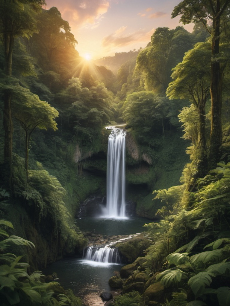 Prompt: A serene landscape with a cascading waterfall, surrounded by lush forests at sunset