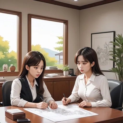 Prompt: Two female office workers talk and draw a picture waiting in the villa on the first floor 
In the Korean webtoon style.