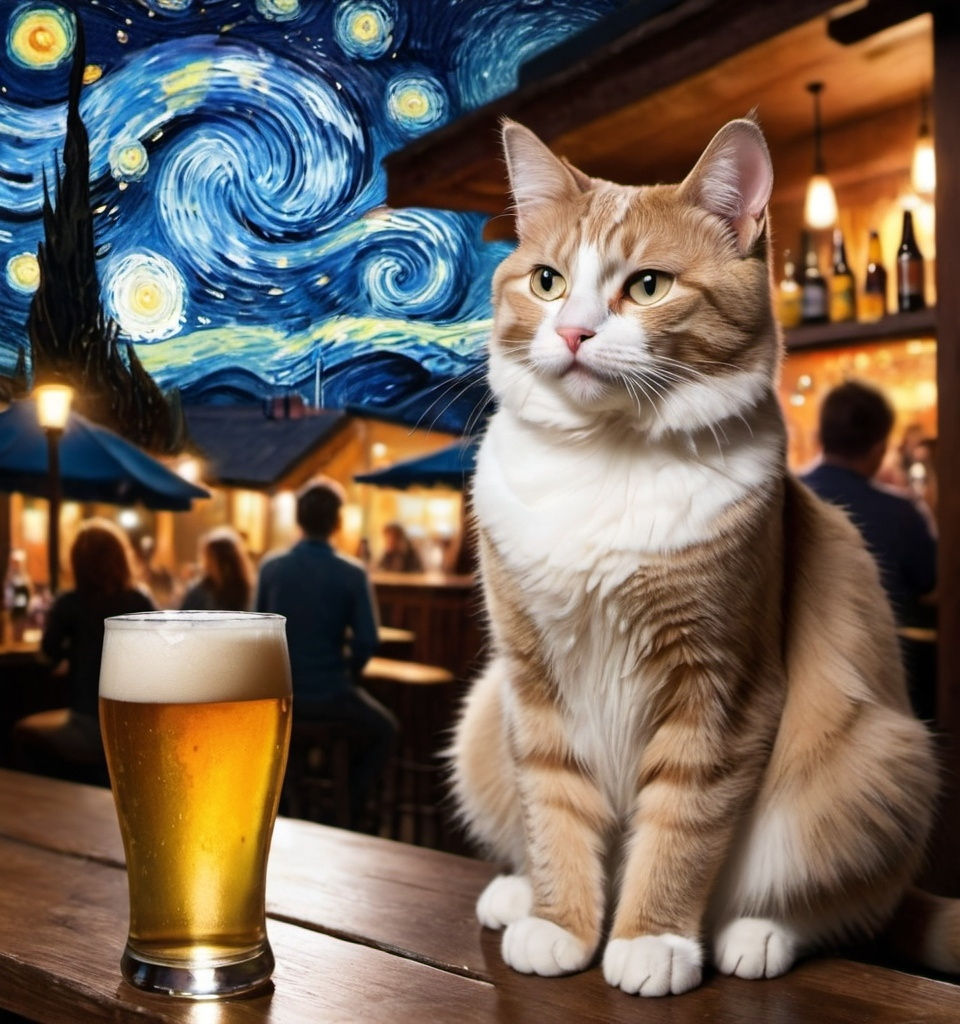 Prompt: A cat at a bar drinking beer with the background being starry night, with humans walking around in the background 
 