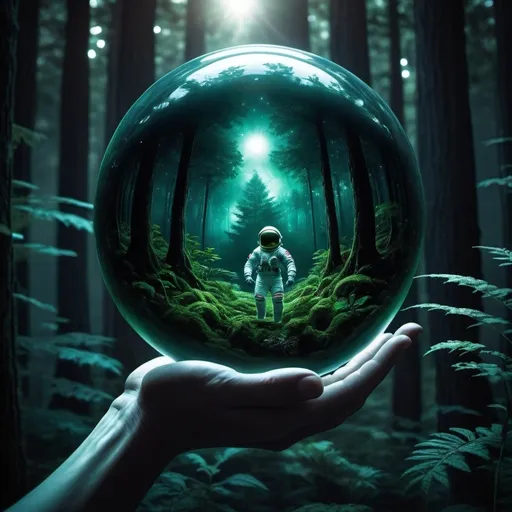 Prompt: a surreal image of an astronaut floating in space, holding a glowing orb that illuminates a scene of a lush, alien forest within it? The contrast of the vast, dark emptiness of space with the vibrant, mysterious forest inside the orb would create a stunning and imaginative visual.