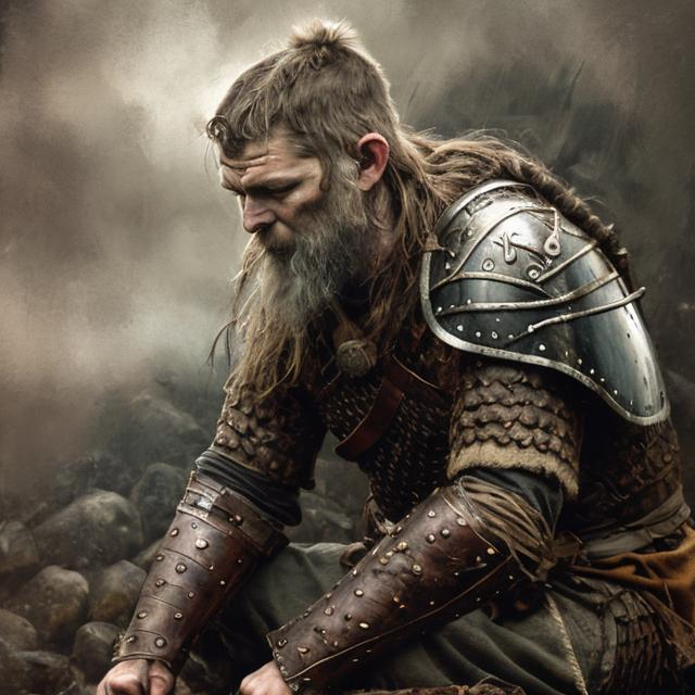 Prompt: Kneeling Viking with sword and shield, oil painting, rugged beard and weathered face, ancient battle-worn armor, epic warrior, dramatic lighting, high quality, realistic, historical, intense gaze, fierce warrior, Nordic mythology, detailed chainmail, battle scars, immersive atmosphere, earthy tones, dynamic composition, atmospheric lighting, front
