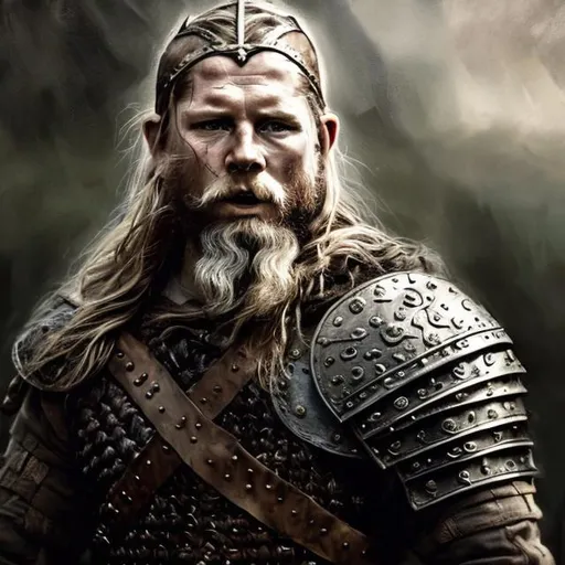 Prompt: Kneeling Viking with sword and shield, oil painting, rugged beard and weathered face, ancient battle-worn armor, epic warrior, dramatic lighting, high quality, realistic, historical, intense gaze, fierce warrior, Nordic mythology, detailed chainmail, battle scars, immersive atmosphere, earthy tones, dynamic composition, atmospheric lighting, frontal
