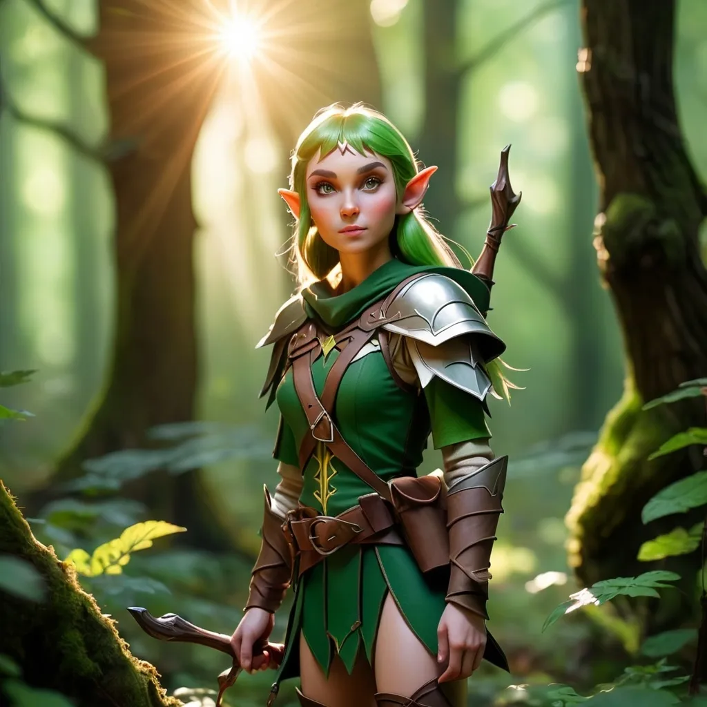 Prompt: Elf ranger in a mystical forest around sunlight