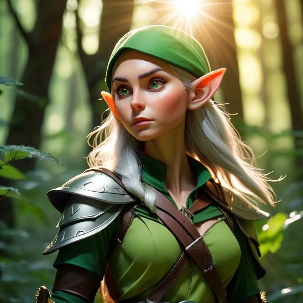 Prompt: Elf ranger in a mystical forest around sunlight