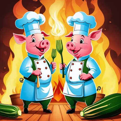 Prompt: advertising leaflet. the pig chef and the beautiful green zucchini fell in love with each other and the embers of their love are burning. nature, family motifs, happy, beautiful picture, beautiful faces, cartoon shapes.  beautiful picture, high quality, no blur, beautiful faces, nature in the background, pleasant experience