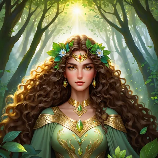 Prompt: earth spirit, earth goddess, caring and nurturing, she is the life of everything, the beginning and the end of all living things. she has brown long hair, big curly curls, golden eyes, gentle and strong gaze. natural setting, strong details, perfect face, ultra strong details, animals around her, fields, forests and greenery