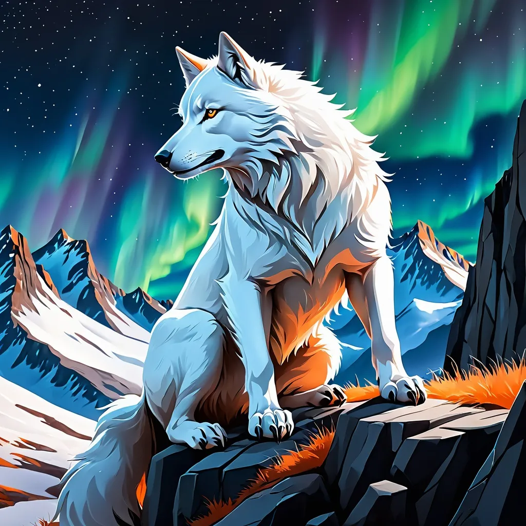 Prompt: a white wolf with orange eyes, sitting on a cliff, hunting for her prey, strong details, high quality, ultra details, mithycal setting, night with stars and aurora borealis shining