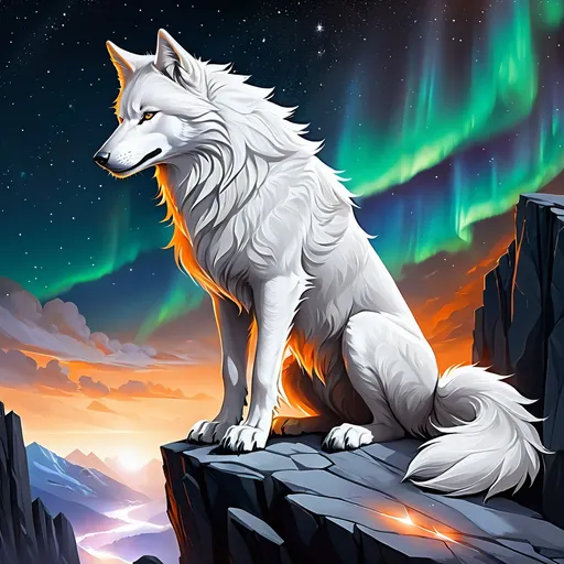 Prompt: a white wolf with orange eyes, sitting on a cliff and howeling for her mistress, strong details, high quality, ultra details, mithycal setting, night with stars and aurora borealis shining