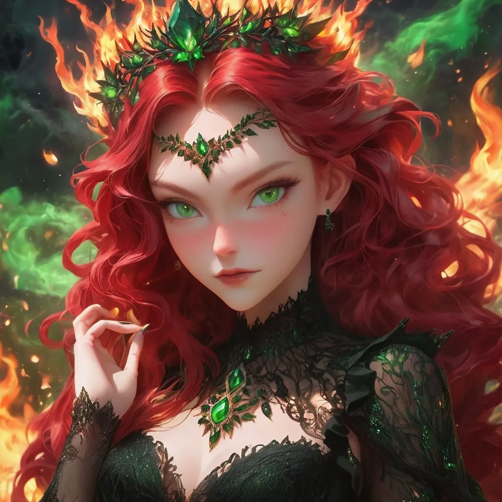 Prompt: Fire goddess in black dress, red hair, green eyes, mythical background,  elemental goddess, crown of fire, fire in her hands,   mythical, fire elemental,  detailed red hair, intense clear green eyes, black beautifull gown of lace, atmospheric lighting